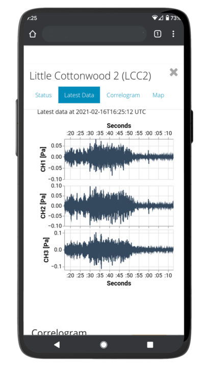 Mobile phone displaying graph of realtime avalanche data reporting.