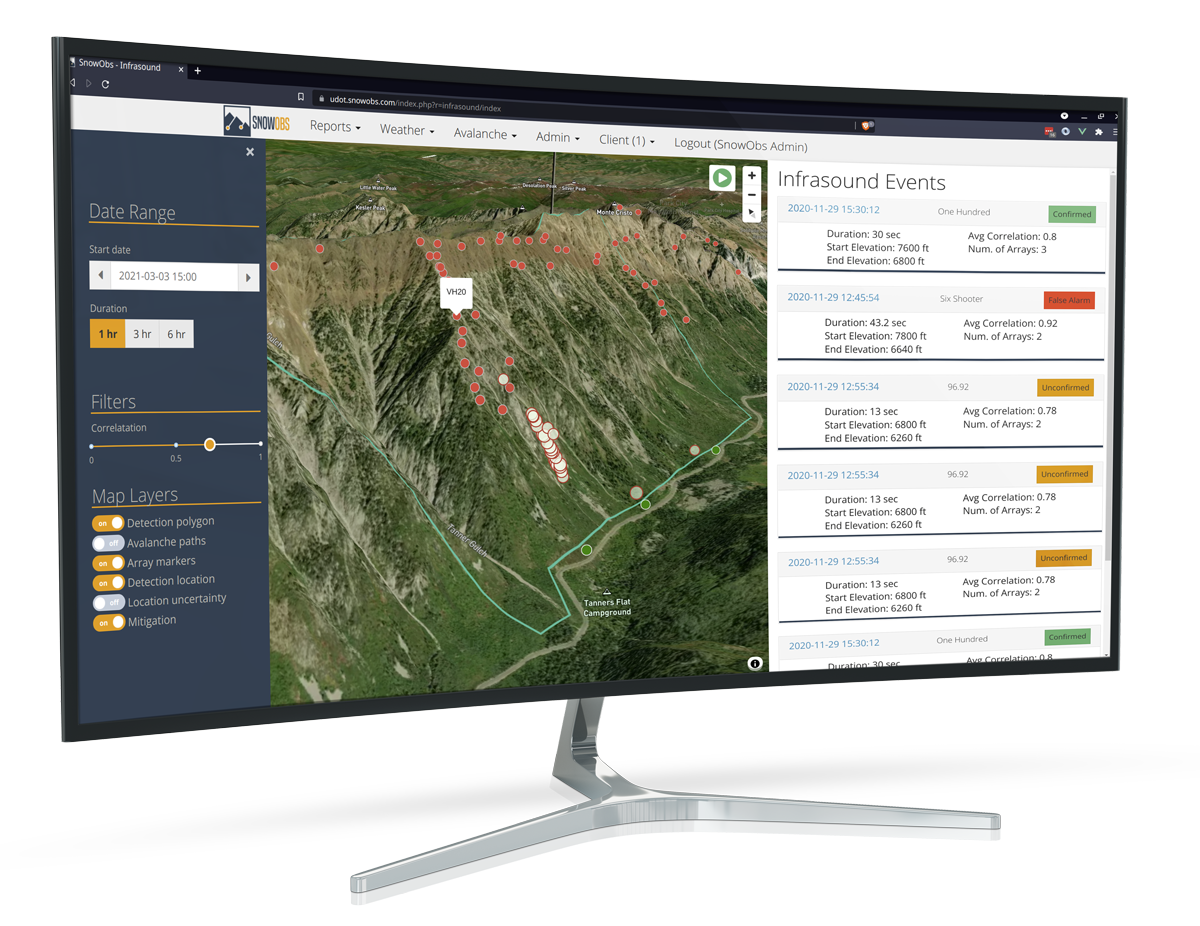 SnowObs Avalanche Software that shows infrasound events in a list format as well as a visual graph.
