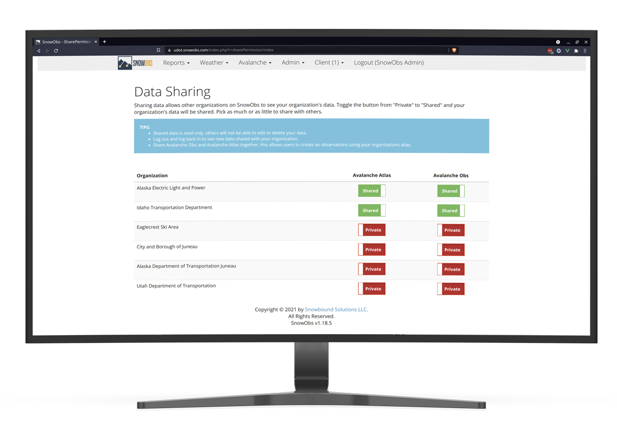 Screenshot showing how SnowObs allows you to share data with certain organizations. You can choose to share the Avalanche Atlas, Avalanche Obs, or both.