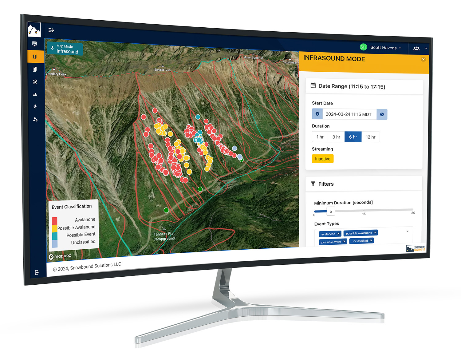 Mockup of Snowobs from Snowbound Solution showing Infrasound Mode for Avalanche Detection